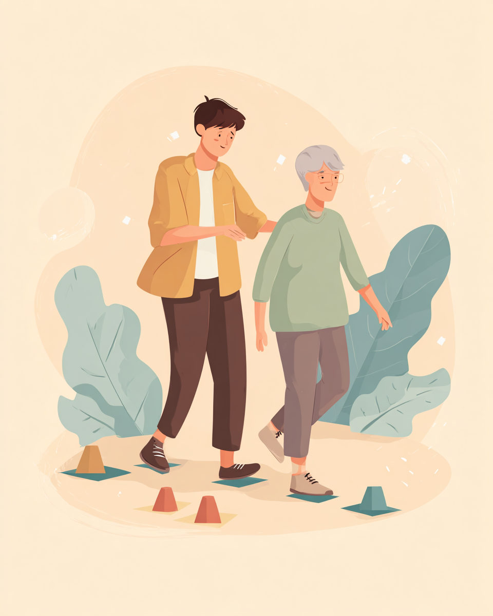 Coach en activité physique adaptée qui accompagne une senior sur un parcours d'équilibre et de marche