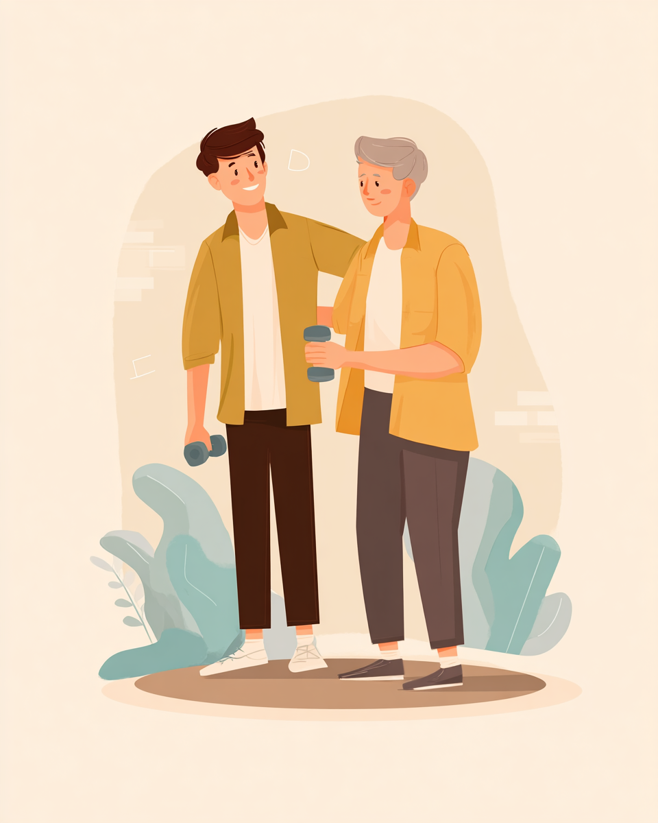 Coach en activité physique adaptée qui accompagne une personne avec des haltères légers